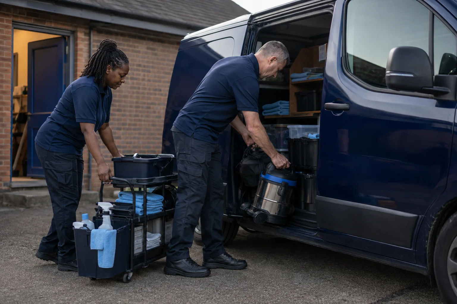 Two HTM cleaners in navy polo shirts loading professional equipment into the van