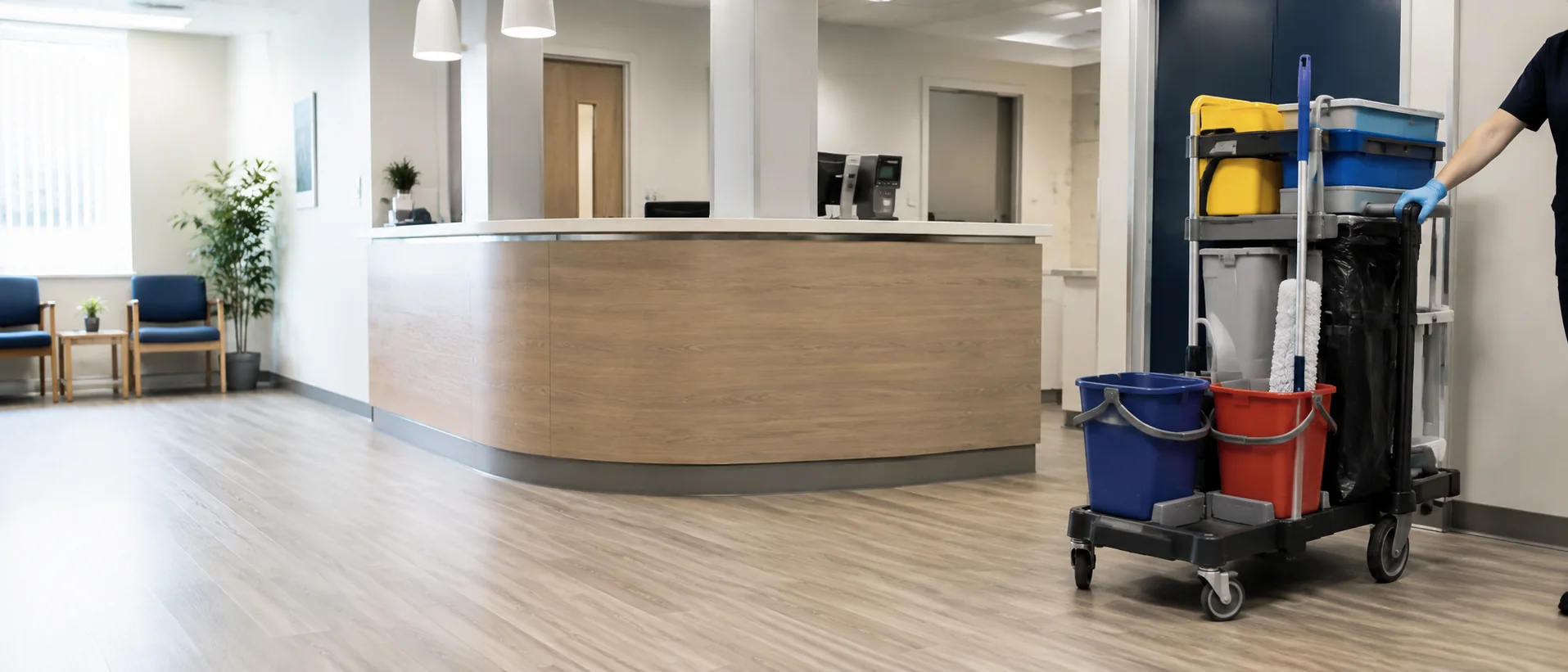 Spotless retail or clinic reception area, colour-coded cleaning trolley neatly positioned, professional and bright