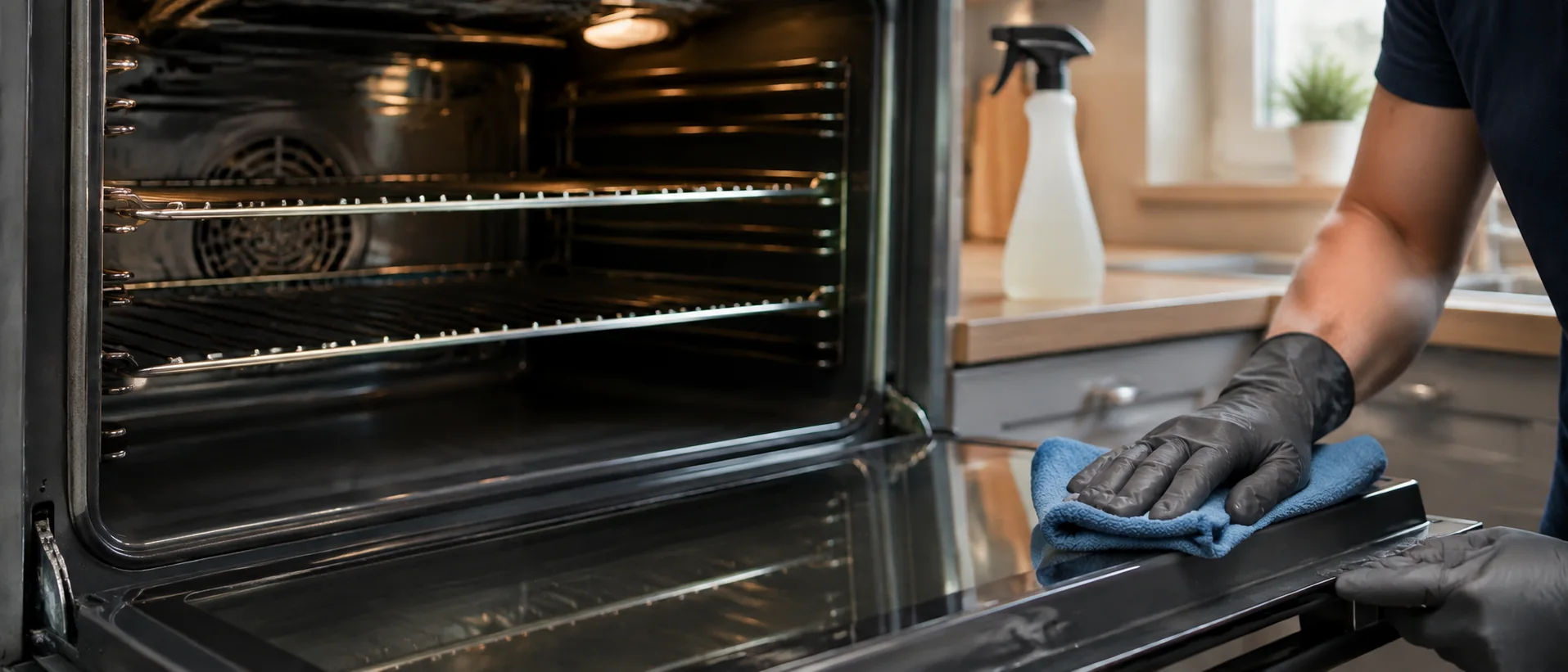 Close macro of a deep-cleaned oven interior, spotless glass door reflecting light, cloth and professional degreaser bottle in frame