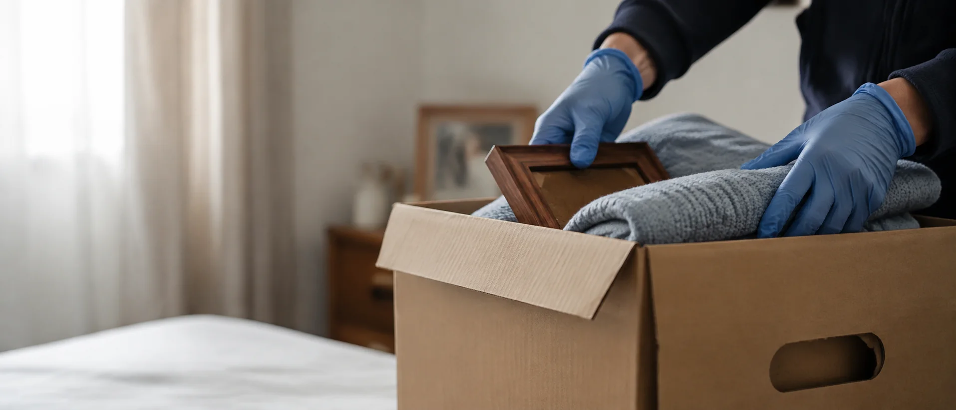 Respectful, non-identifying image: gloved hands carefully boxing belongings, neutral background, soft light