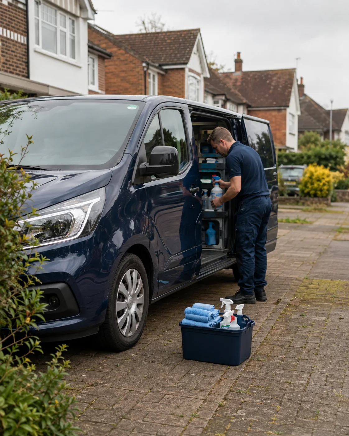 HTM cleaner checking equipment beside a navy van and cleaning caddy on a Watford driveway