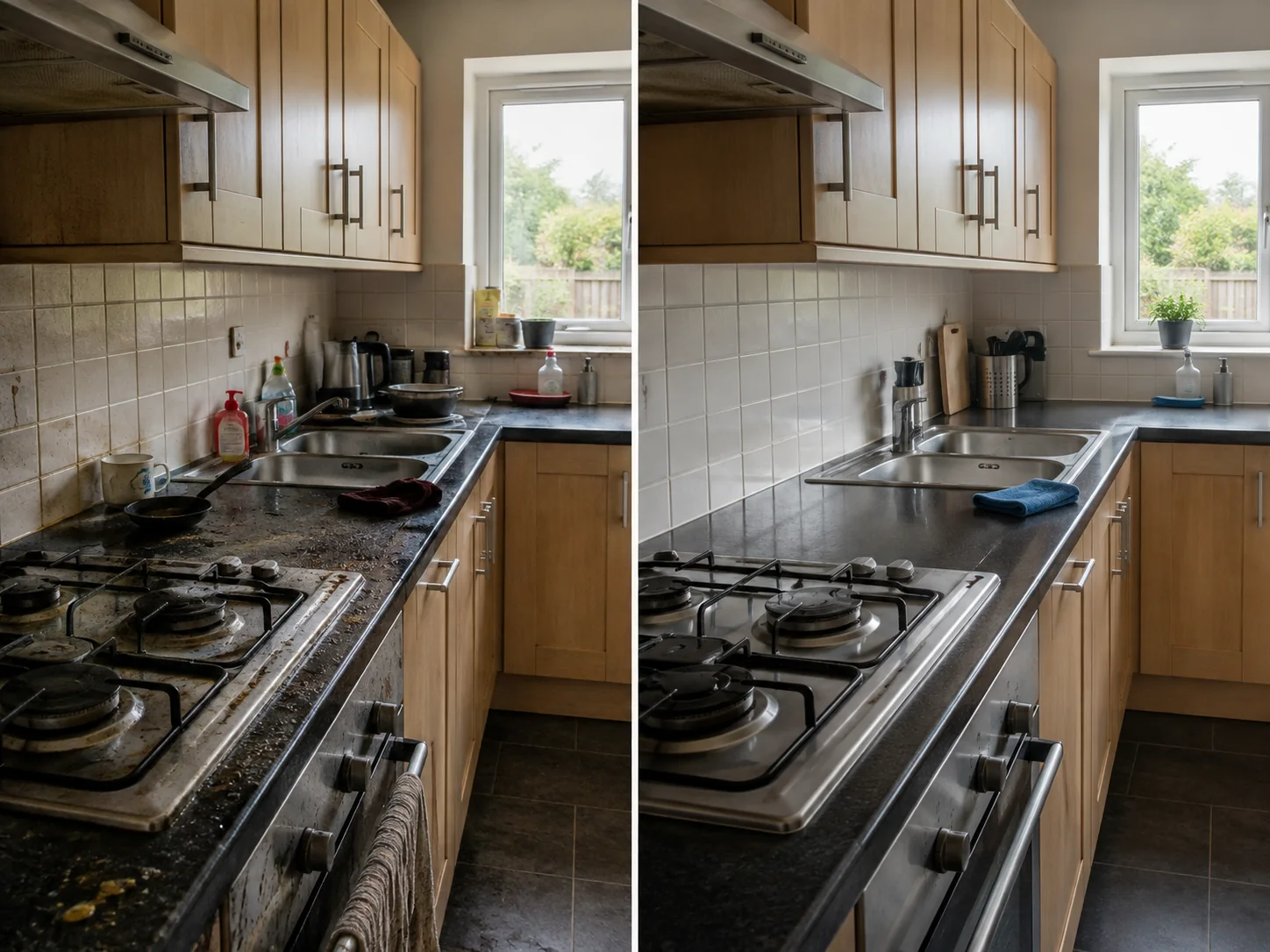 Before and after comparison of a deep-cleaned kitchen, matched camera angle