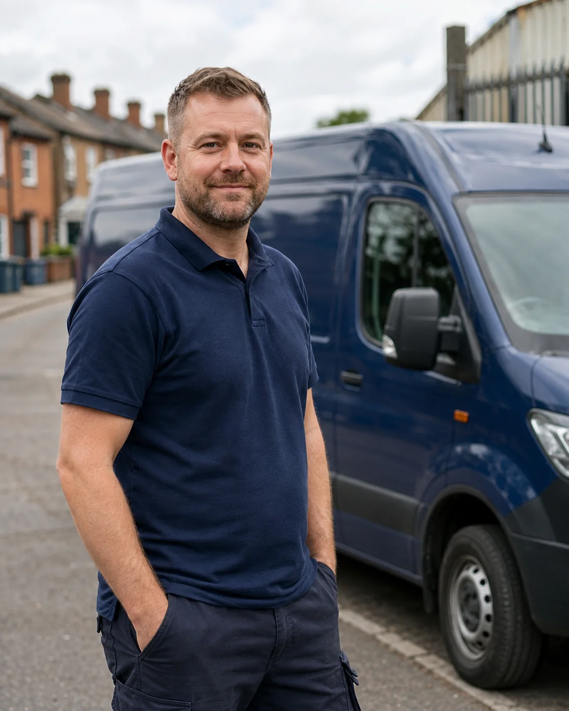 Managing Director James Taylor in HTM uniform outside the branded van