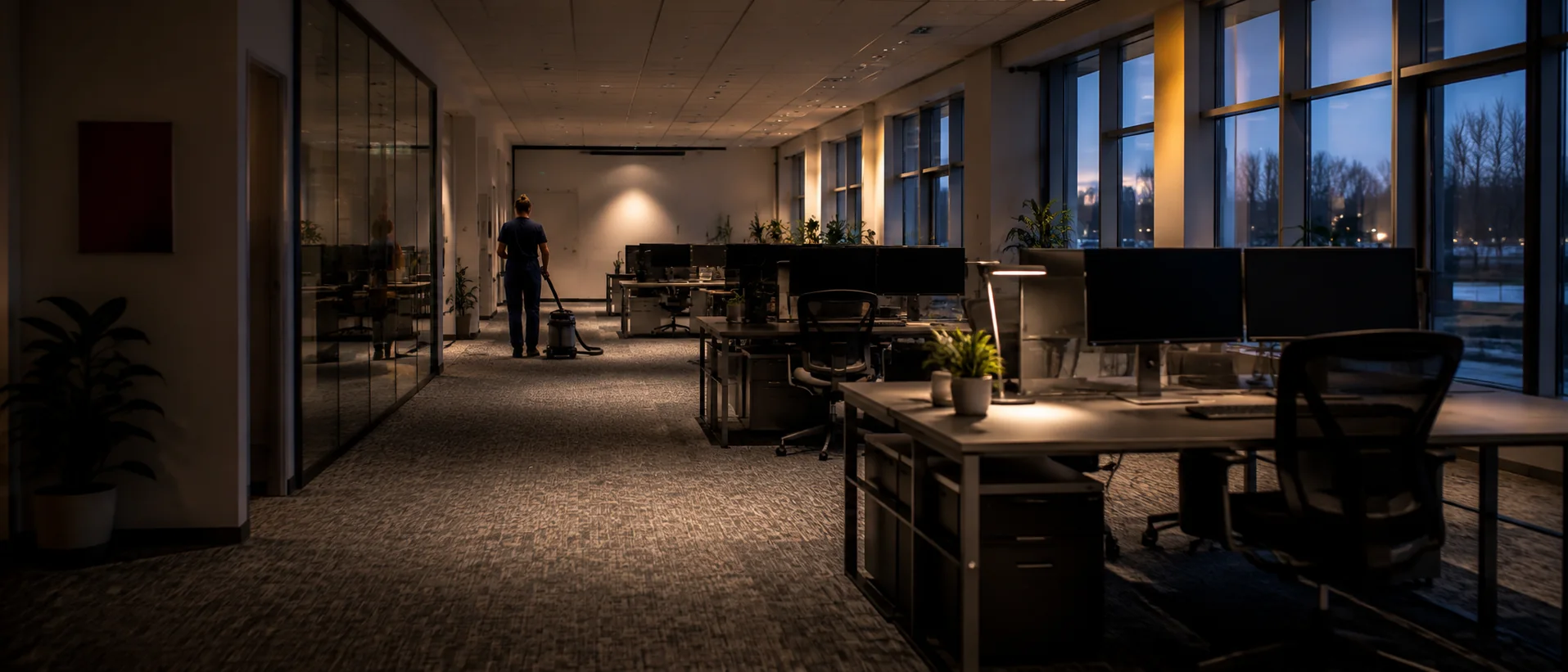 Empty modern open-plan office at dusk, desks clear and floors gleaming, city light through the windows