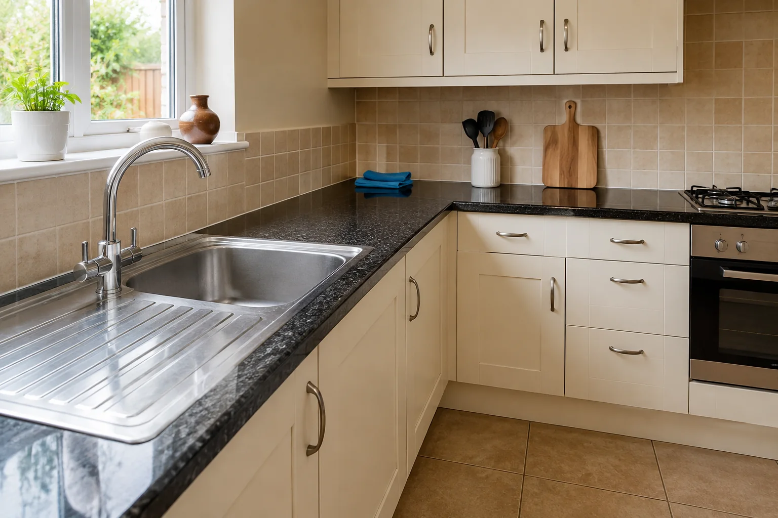 Deep-cleaned kitchen with polished worktops and descaled sink