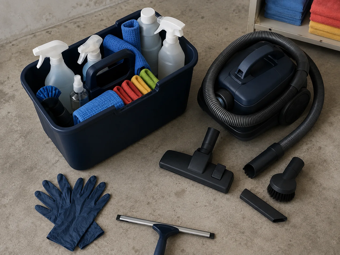 HTM cleaning caddy, professional products and microfibre cloths laid out ready for a job