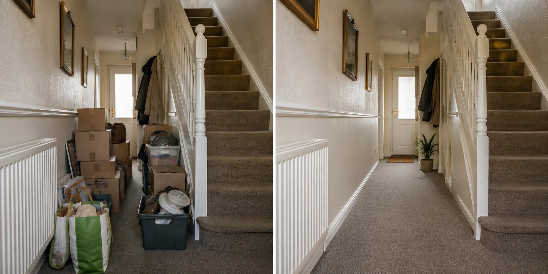 Hallway obstructed by accumulated belongings before clearance; The same hallway clear, clean and fully usable after staged clearance
