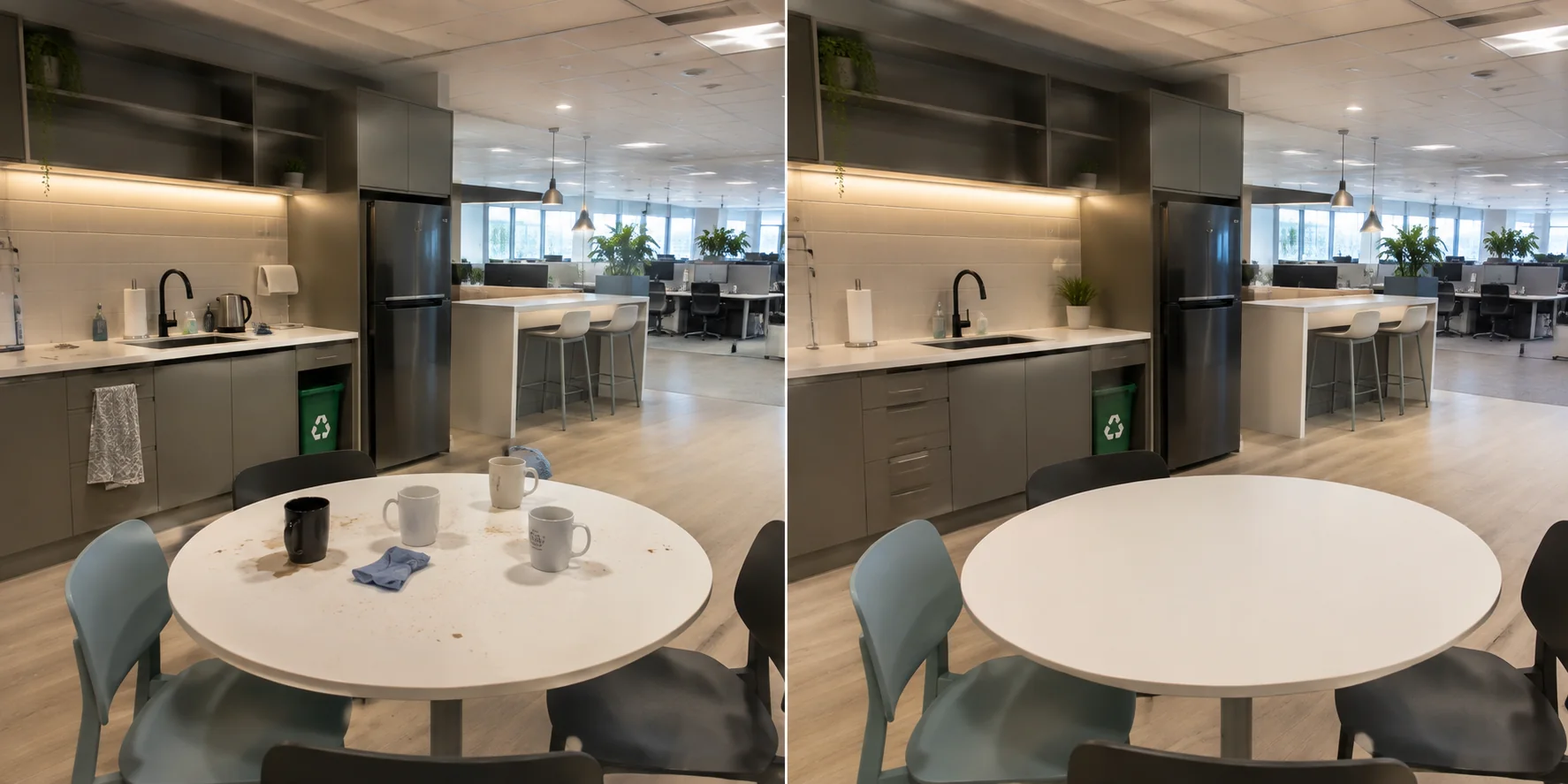Office kitchen and breakout area at the end of a working day; The same office kitchen sanitised, restocked and reset before morning