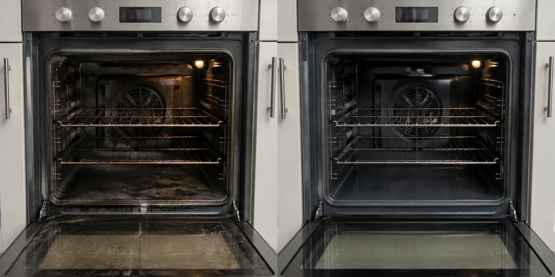 Oven interior with heavy baked-on carbon deposits before cleaning; The same oven interior fully degreased with clear door glass