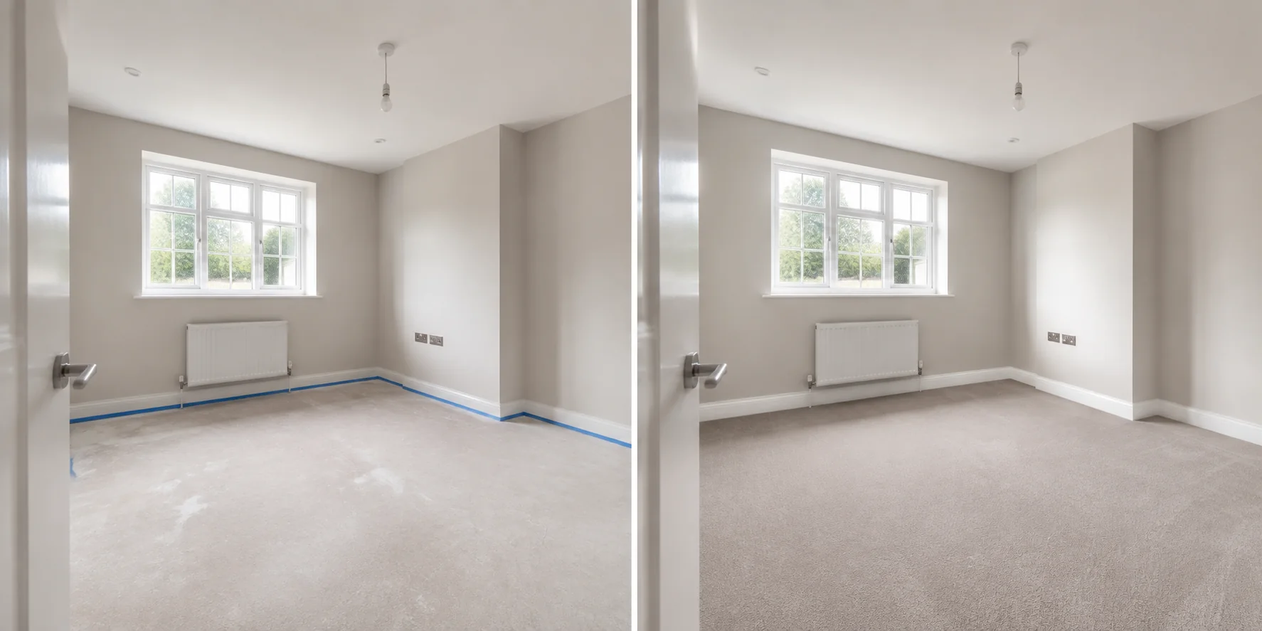 Newly refurbished room with construction dust across all surfaces; The same room after two-pass HEPA deep cleaning, dust-free and ready